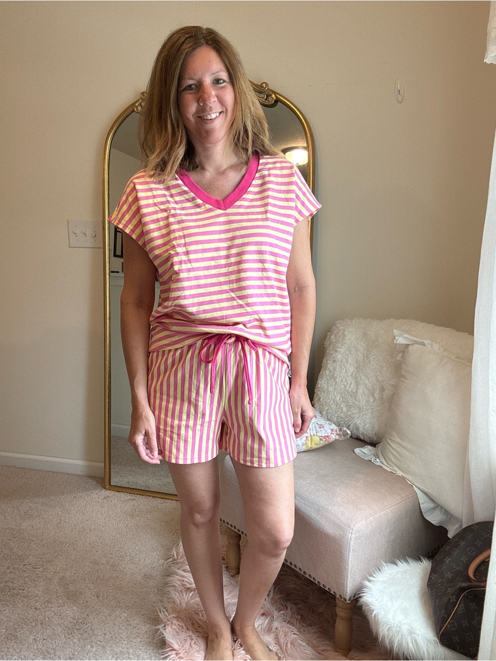 NWT Women’s Pink and yellow Striped V-Neck Short Set